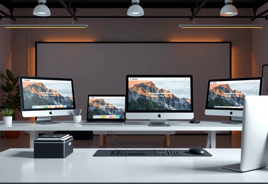 Modern web design development process showing multiple computer screens with responsive website layouts