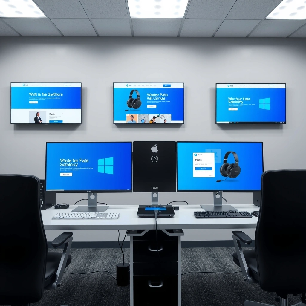 Modern web design workspace with multiple monitors showing responsive layouts